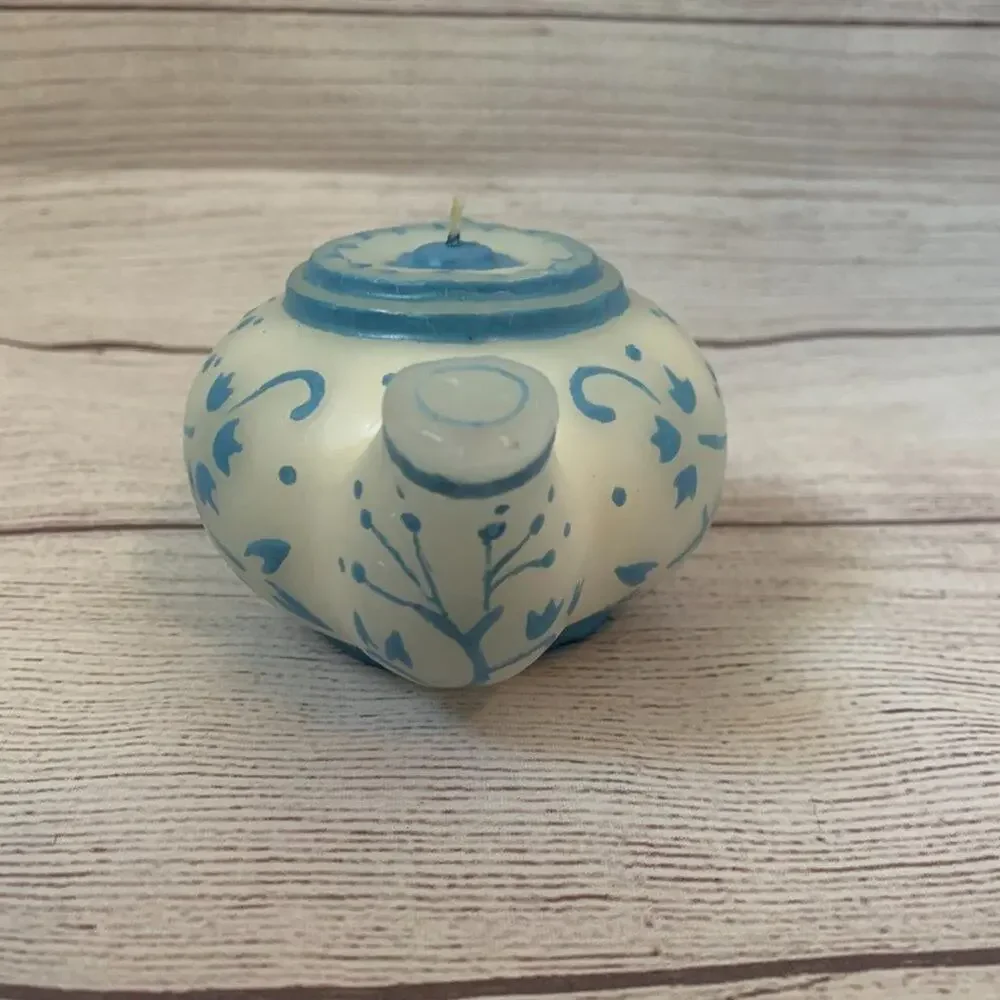 Teapot Shaped Candle White with Blue Floral Design Unlit 2 1/2